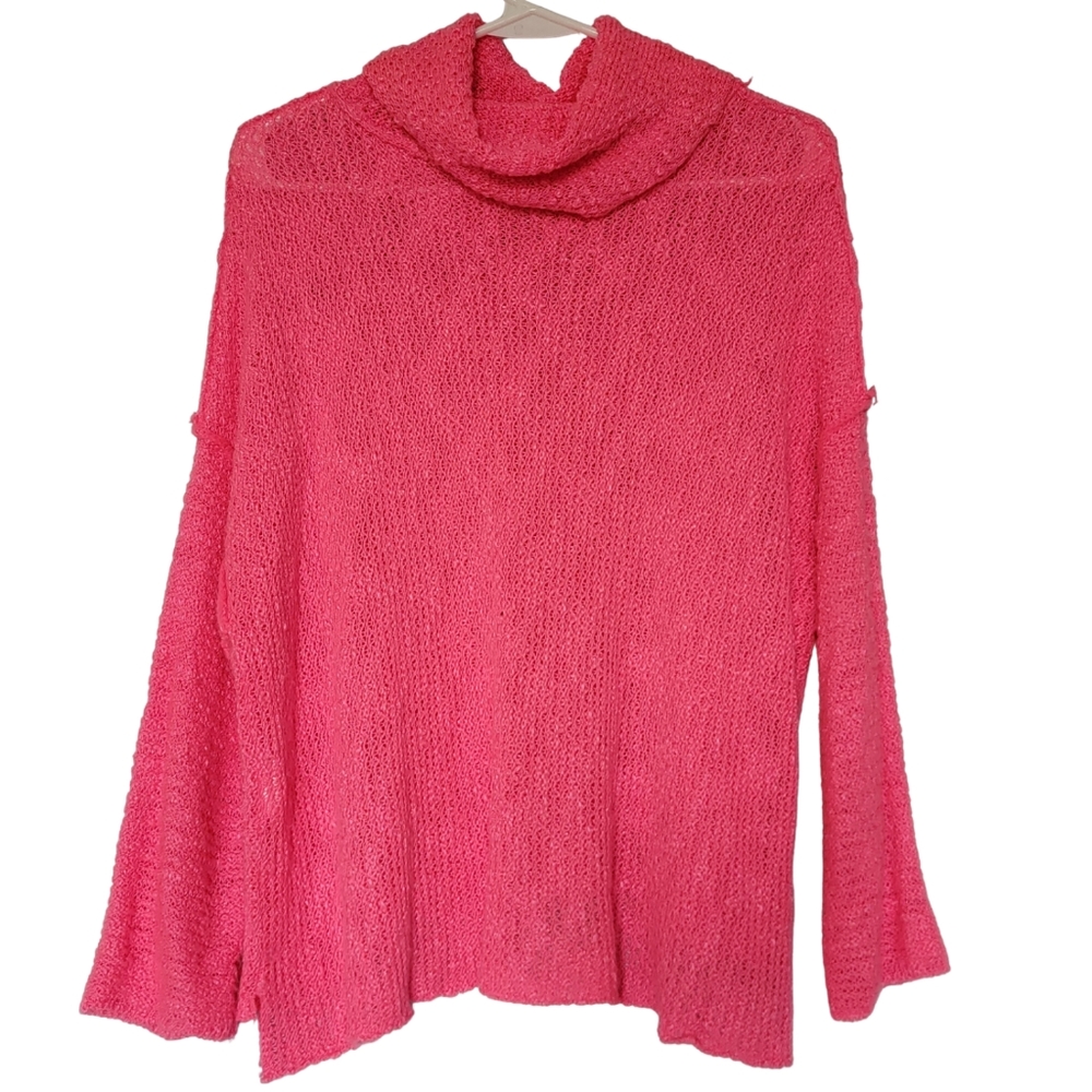 ALTAR’D STATE Hot Pink Turtleneck Oversized Sweater, 3/4 Sleeves, Sharkbite Hem